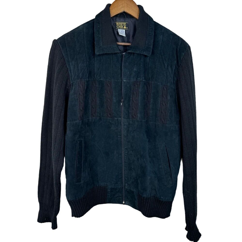 White‎ Oak Mens Large Black Leather Knit Bomber Jacket 80s 90s Grandpa Sweater